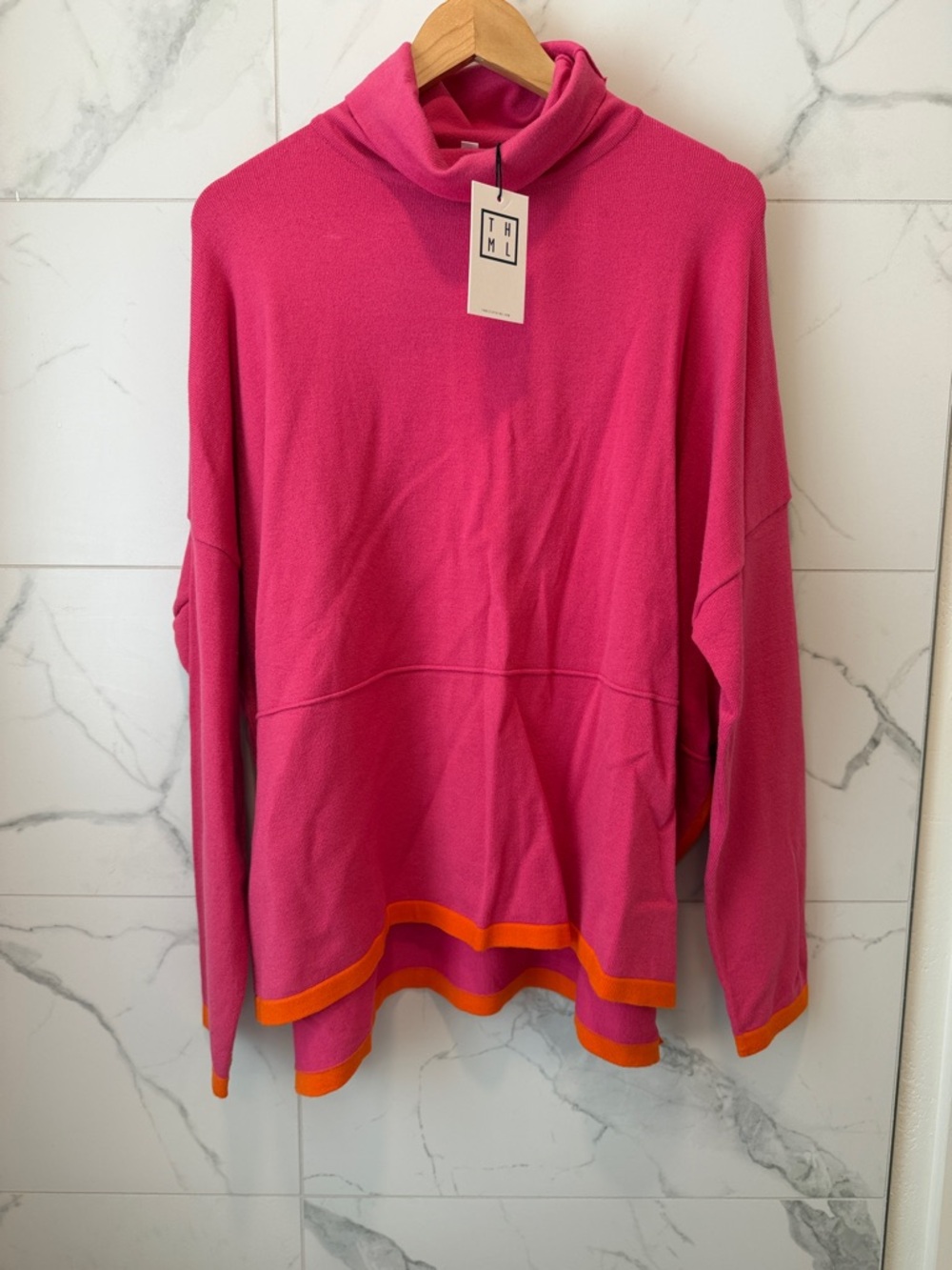 THML Hot Pink Turtleneck Sweater with Orange Stripe Hem